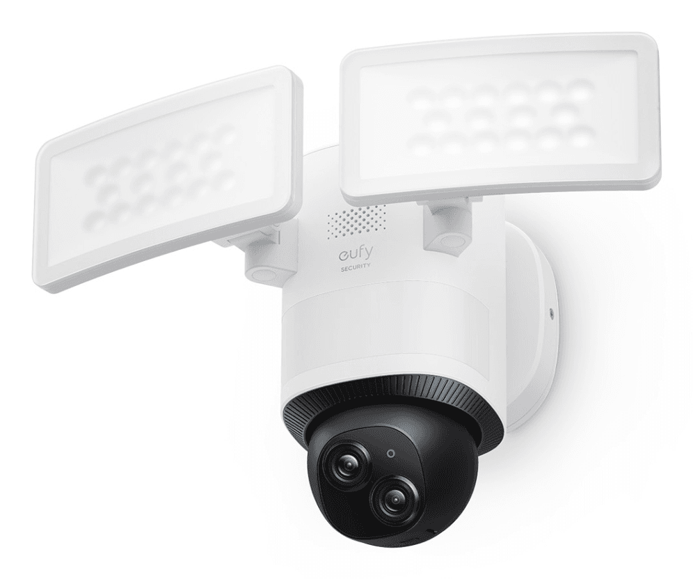 Eufy Security Floodlight Camera E340 con cable, giro de 360° e inclinación, grabación ininterrumpida, Wi-Fi de doble banda, 2000 lúmenes, activada por movimiento, cámara doble, compatible con HomeBase 3, almacenamiento local, sin cuota mensual