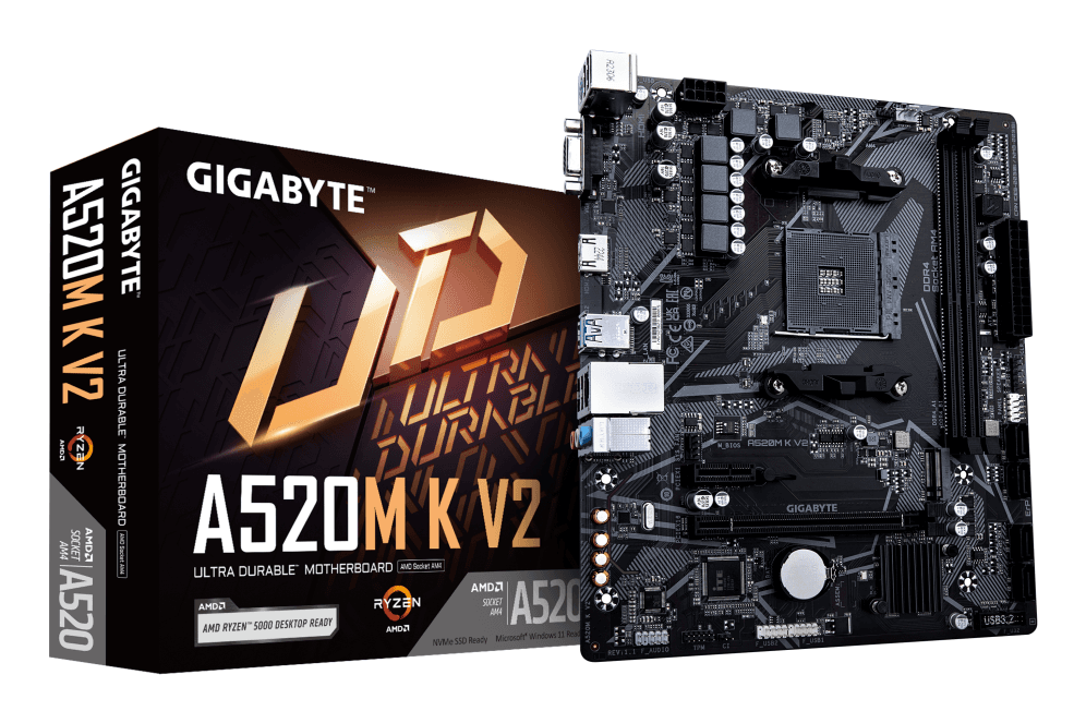 GIGABYTE Placa base A520M K V2 - Compatible con CPUs AMD Ryzen serie 5000 AM4, hasta 5100MHz DDR4 (OC), PCIe Gen3 x4 M.2, LAN GbE, USB 3.2 Gen 1