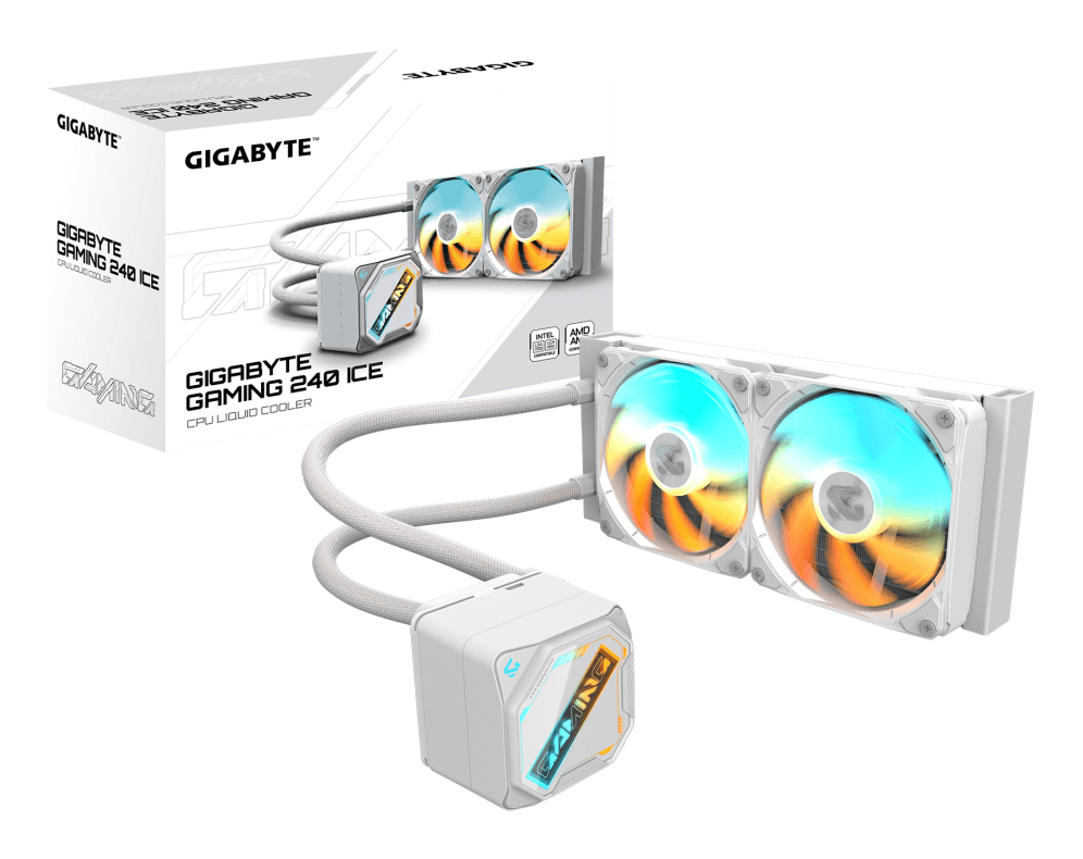 GIGABYTE GAMING 240 ICE Refrigeración Líquida para CPU - 2x120mm Ventiladores ARGB, mecanismo de enclavamiento deslizante, DAISY-CHAIN, Compatible con Intel LGA 1851 y AMD AM5