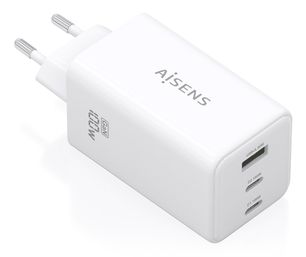 AISENS Cargador GaN 100W, 2x USB-C PD3.0 QC4.0 QC5.0, 1x USB-A QC3.0, Blanco
