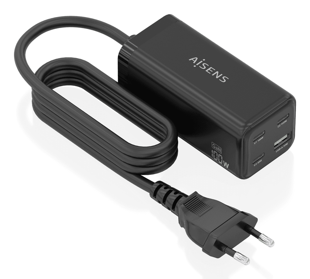 AISENS Cargador Sobremesa GaN 100W, 3x USB-C PD3.0 QC4.0 QC5.0, 1x USB-A QC3.0, Negro