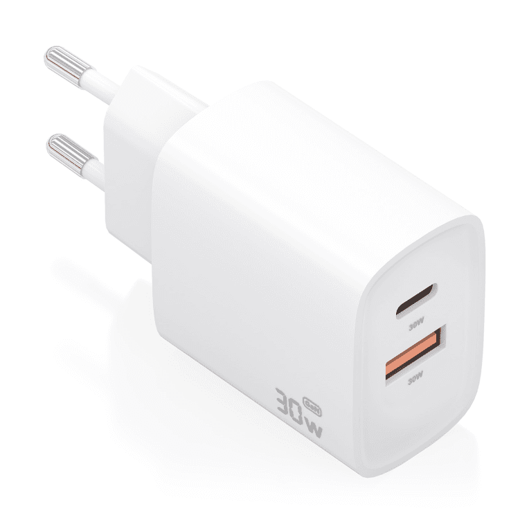 AISENS Cargador GaN 30W, 1xUSB-C PD3.0 QC4.0, 1xUSB-A QC3.0, Blanco