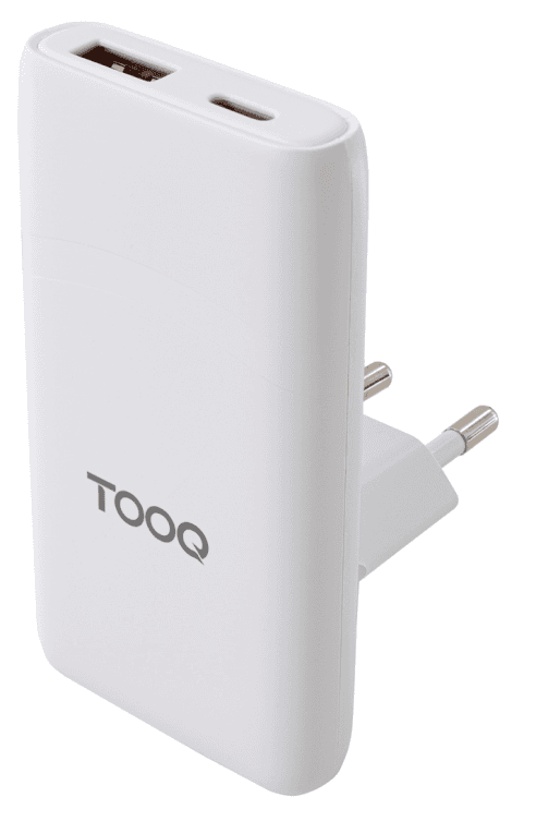 TooQ Cargador de viaje Tipo C y Tipo A, GaN 65W, USB-C/PD + USB-A/QC, Blanco