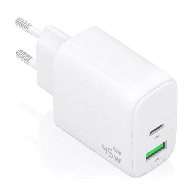 AISENS Cargador GaN 45W, 1xUSB-C PD3.0 QC4.0, 1xUSB-A QC3.0, Blanco