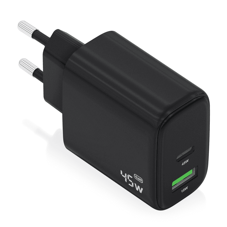 AISENS Cargador GaN 45W, 1xUSB-C PD3.0 QC4.0, 1xUSB-A QC3.0, Negro