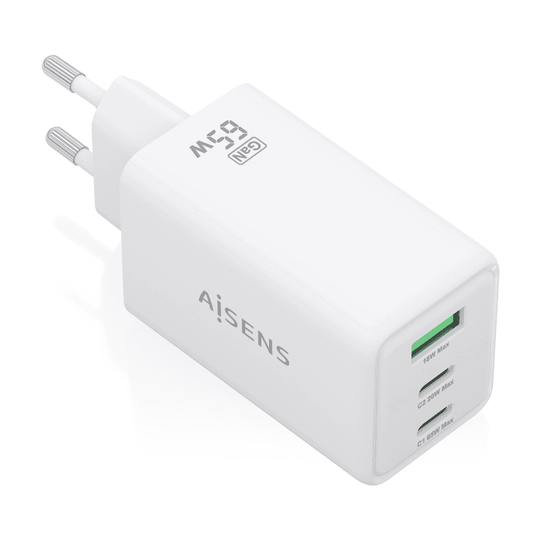 AISENS Cargador GaN 65W, 2xUSB-C PD3.0 QC4.0, 1xUSB-A QC3.0, Blanco