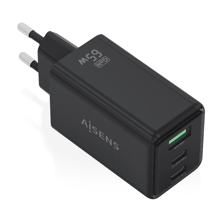 AISENS Cargador GaN 65W, 2xUSB-C PD3.0 QC4.0, 1xUSB-A QC3.0, Negro