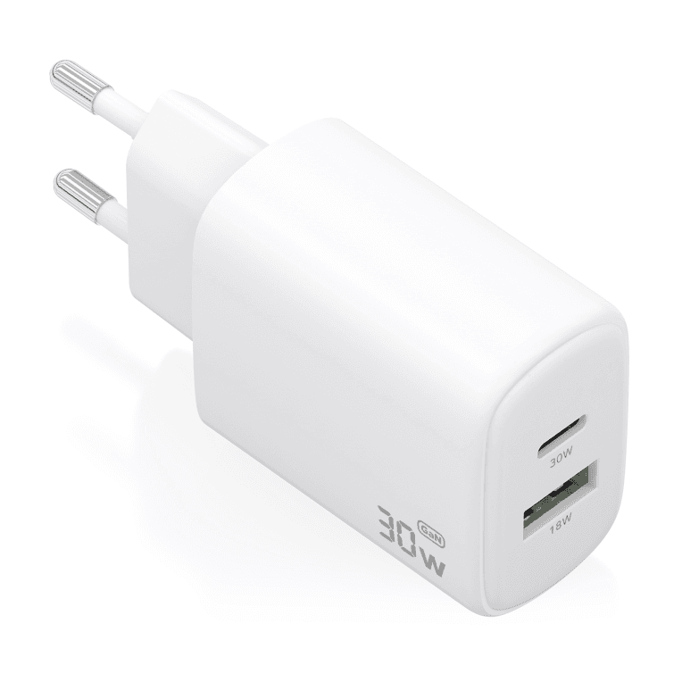 AISENS Cargador GaN 30W, 1xUSB-C PD3.0 QC4.0, 1xUSB-A QC3.0, Blanco