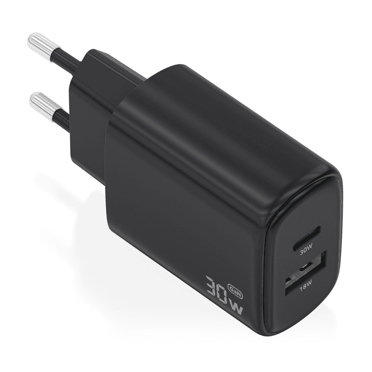 AISENS Cargador GaN 30W, 1xUSB-C PD3.0 QC4.0, 1xUSB-A QC3.0, Negro
