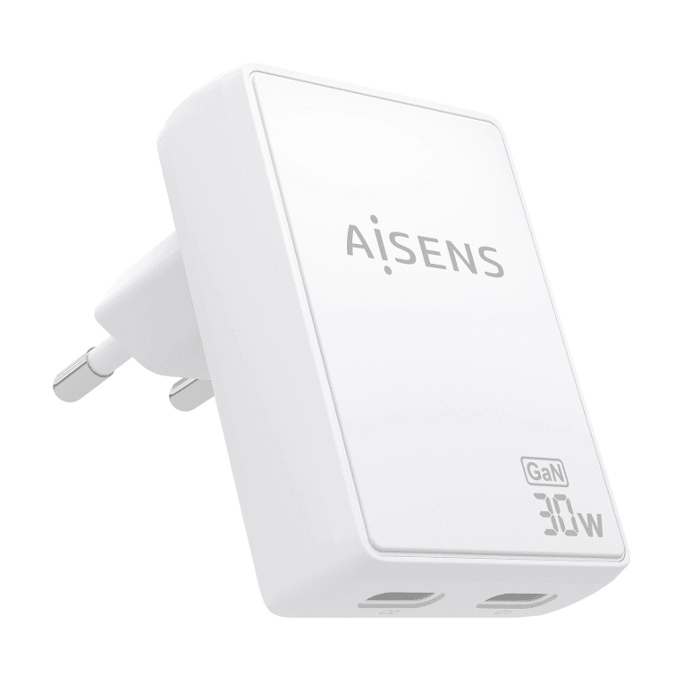 AISENS Cargador De Pared GaN Ultra Delgado 30W, 2xUSB-C PD3.0 QC4.0, Blanco