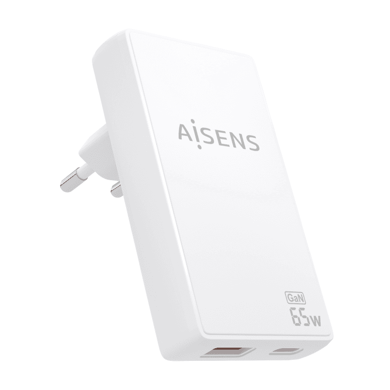 AISENS Cargador De Pared GaN Ultra Delgado 65W, 1xUSB-C PD3.0 QC4.0, 1xUSB-A QC3.0, Blanco