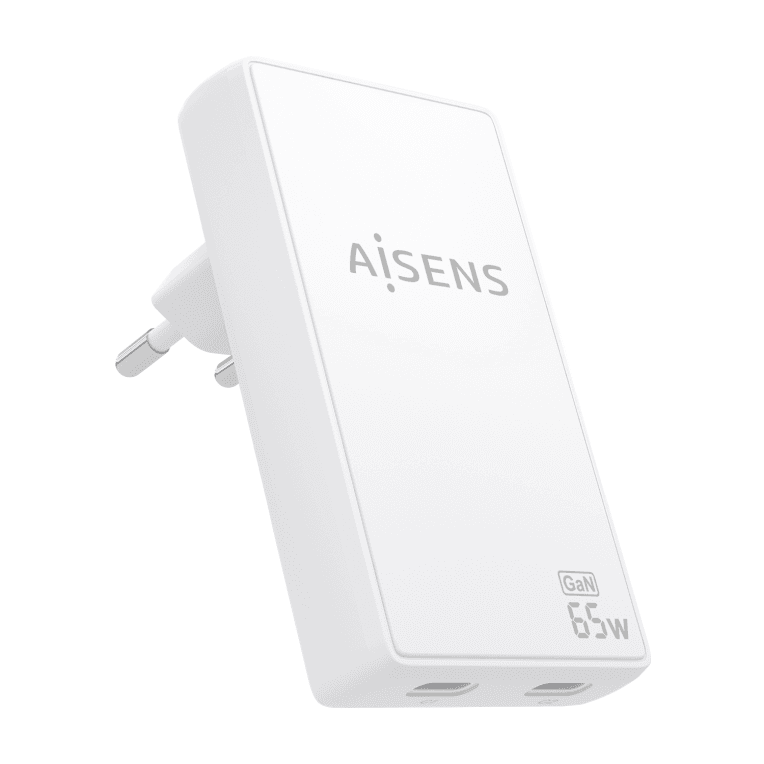 AISENS Cargador De Pared GaN Ultra Delgado 65W, 2xUSB-C PD3.0 QC4.0, Blanco