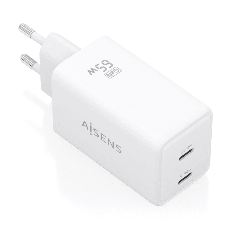 AISENS Cargador GaN 65W, 2xUSB-C PD3.0 QC4.0, Blanco