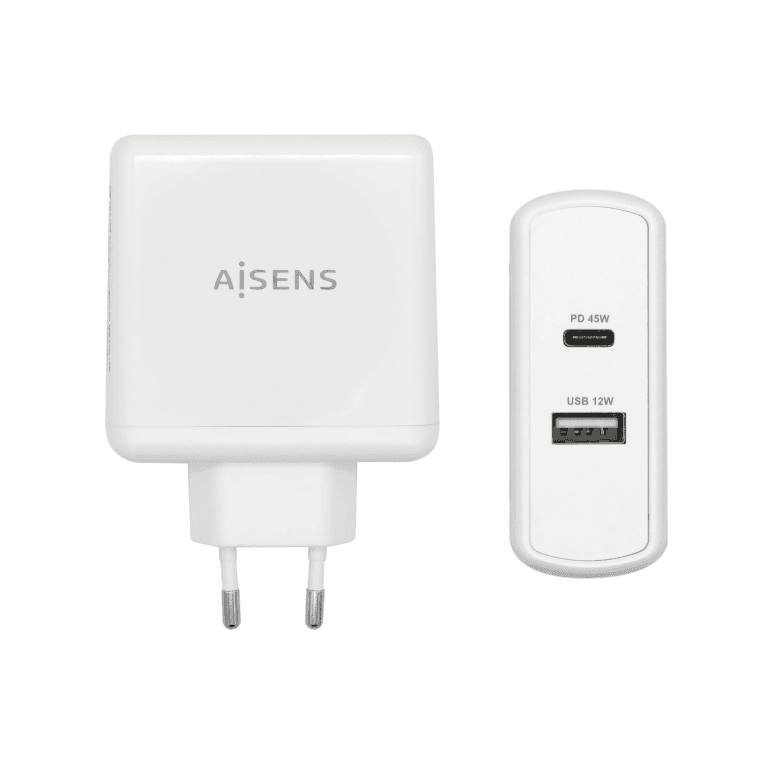 AISENS Cargador 57 W, 1x USB-C PD3.0 45 W, 1x USB-A 5 V / 2.4 A 12 W, Blanco