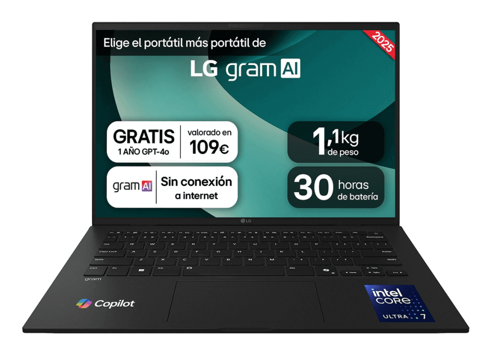 LG Gram 14ZD90T-G.AX88B ordenador portatil Intel Core Ultra 7 255H Portátil 35,6 cm (14") WUXGA 32 GB LPDDR5x-SDRAM 1 TB SSD Wi-Fi 6E (802.11ax) FreeDOS Español Negro
