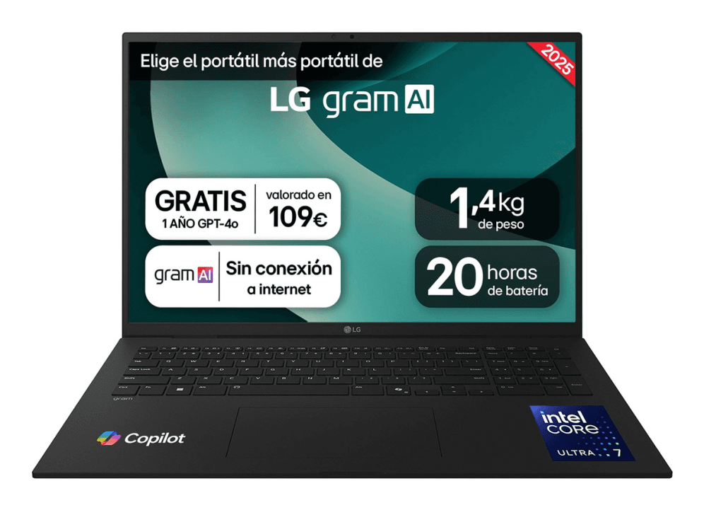LG Gram 17ZD90T-G.AX88B ordenador portatil Intel Core Ultra 7 255H Portátil 43,2 cm (17") WQXGA 32 GB LPDDR5x-SDRAM 1 TB SSD Wi-Fi 7 (802.11be) FreeDOS Español Negro