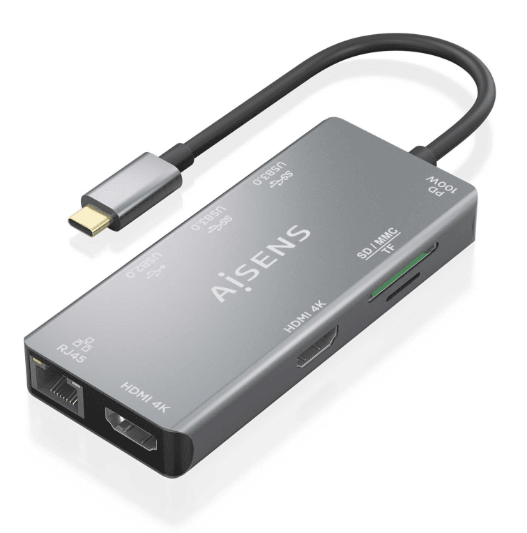 AISENS ASUC-9P018-GR base para portátil y replicador de puertos Alámbrico USB 3.2 Gen 1 (3.1 Gen 1) Type-C