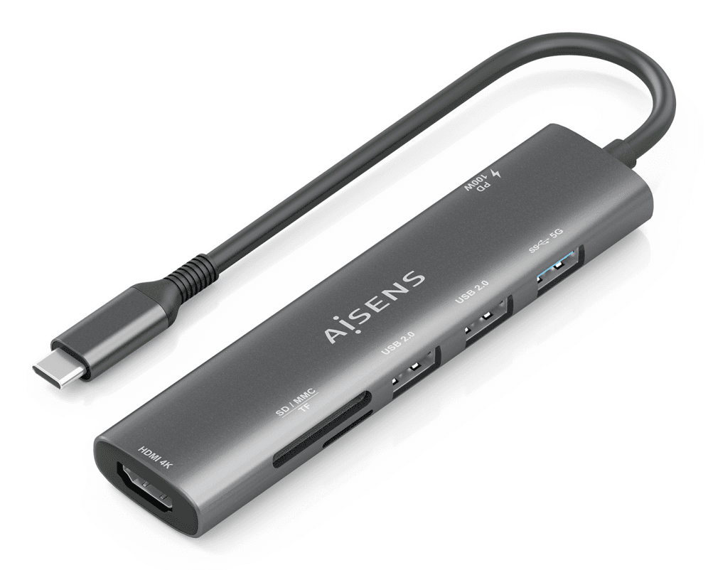 AISENS USB-C Dock 7 en 1, USB-C A, 1x HDMI, 2x USB-A USB2.0, 1x USB-A USB3.0, 1x USB-C PD 100W, 1x SD, 1x MicroSD, Gris, 15cm