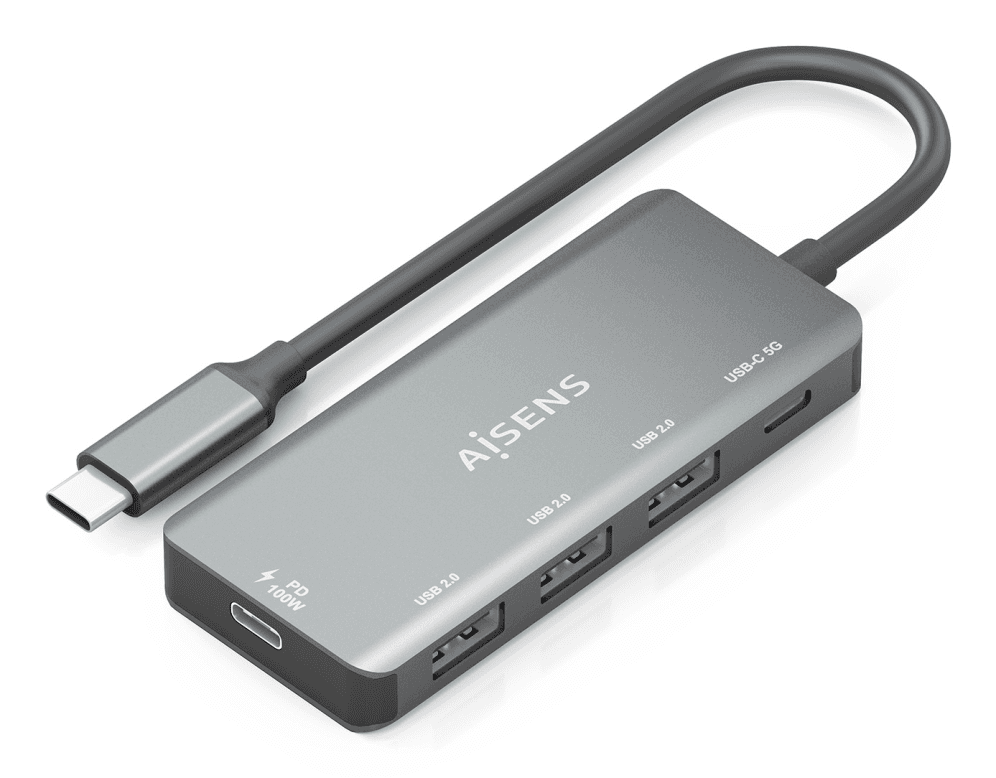 AISENS Hub USB 3.1 USB-C, USB-C/M-1xUSB-C PD 100W+1xUSB-C USB3.0/H+3xUSB-A USB2.0/H, Gris, 15cm