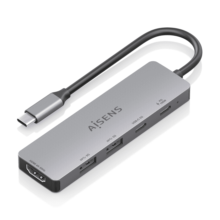 AISENS USB-C Dock 5 en 1, USB-C a 1xHDMI 2xUSB-A 1xUSB-C 1xUSB-C PD, Gris, 15cm