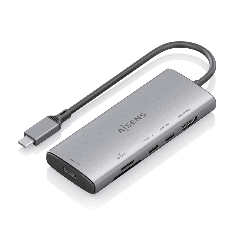 AISENS USB-C Dock 6 en 1, USB-C a 1xHDMI, 1xUSB-A 10G, 2xUSB-C 10G, 1xSD, 1xMicroSD, Gris, 20cm