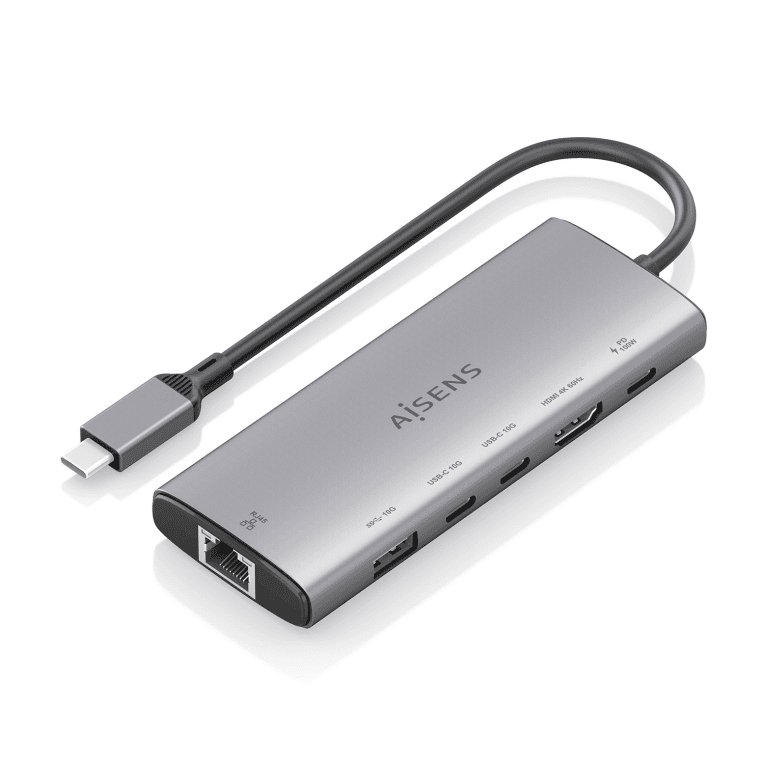 AISENS USB-C Dock 6 en 1, USB-C a 1xHDMI, 1xRJ45, 1xUSB-A 10G, 2xUSB-C 10G, 1xUSB-C PD, Gris, 20cm