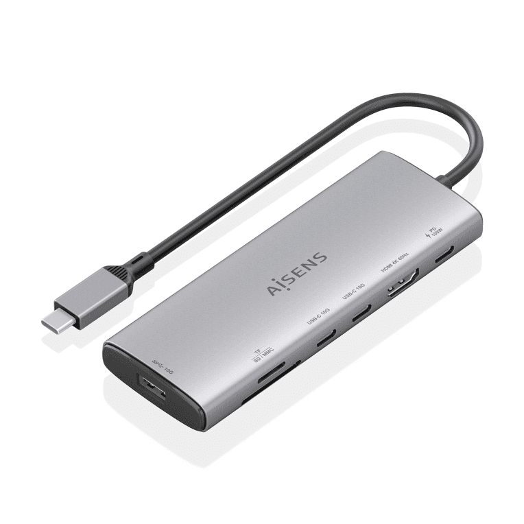 AISENS USB-C Dock 7 en 1, USB-C a 1xHDMI, 1xUSB-A 10G, 2xUSB-C 10G, 1xSD, 1xMicroSD, 1xUSB-C PD 100W, Gris, 20cm