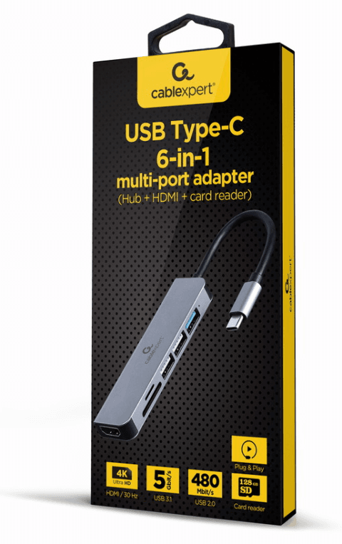 Gembird A-CM-COMBO6-02 base para portátil y replicador de puertos Alámbrico USB 3.2 Gen 1 (3.1 Gen 1) Type-C Gris