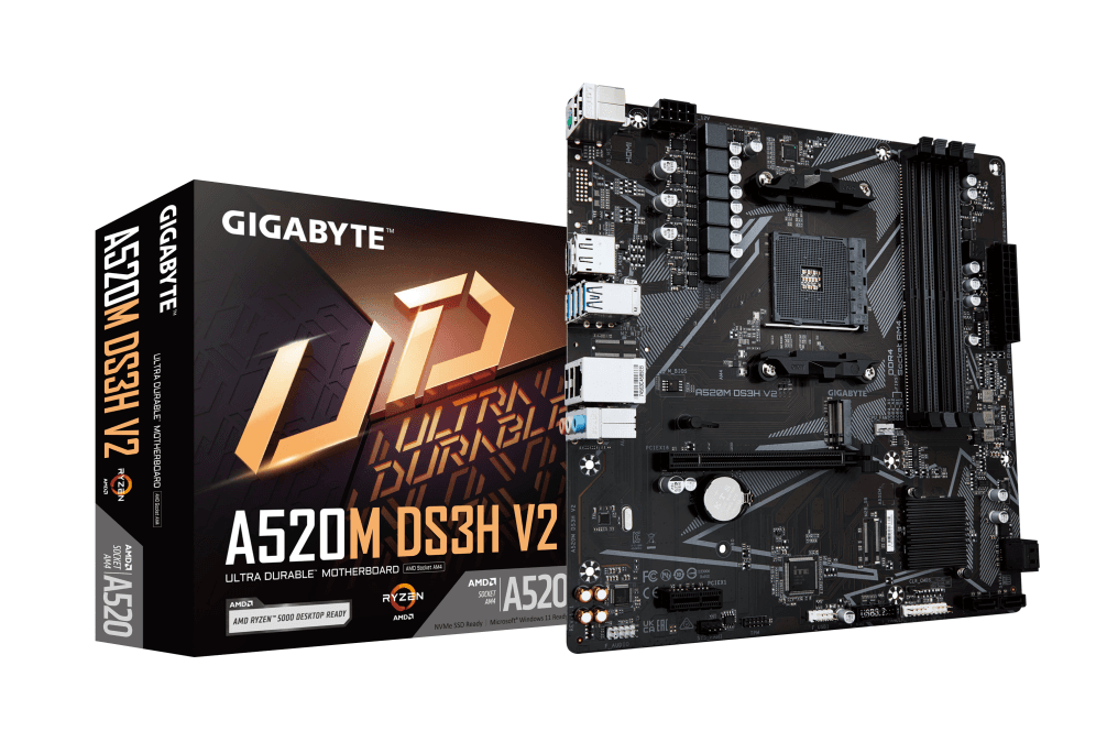 GIGABYTE Placa base A520M DS3H V2 - Soporta CPUs AMD Ryzen serie 5000 AM4, hasta 4733 MHz DDR4 (OC), PCIe 3.0 x16, LAN GbE, USB 3.2 Gen 1