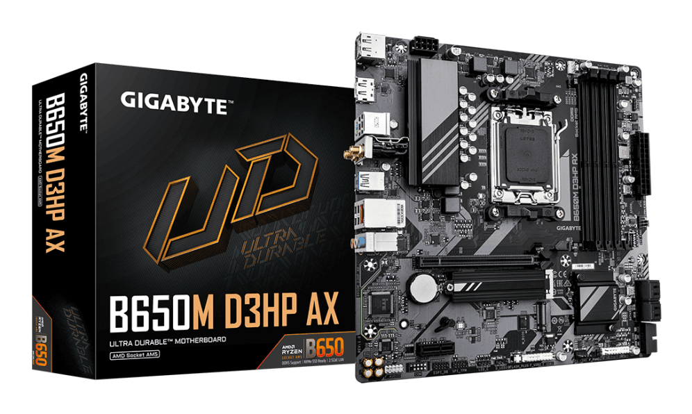 GIGABYTE B650M D3HP AX Placa base - AMD Ryzen serie 9000, VRM de 5+2+2 fases, hasta 8000 MHz DDR5 (OC), 2xPCIe 4.0 M.2, WIFI 6E, LAN 2,5 GbE, USB 3.2 Gen 1