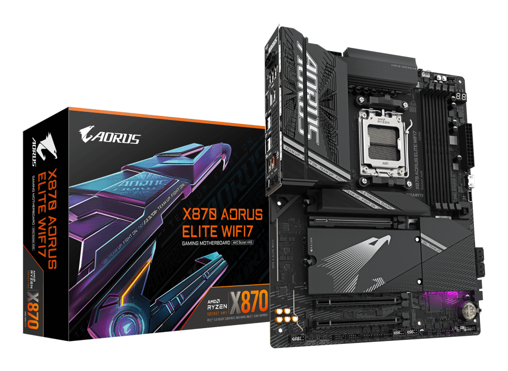 GIGABYTE X870 AORUS ELITE WIFI7 Placa Base - Compatible con CPUs AMD Ryzen 9000, 16+2+2 fases VRM, hasta 8000MHz DDR5 (OC), 3xPCIe 5.0 + 1xPCIe 4.0, Wi-Fi 7, LAN 2.5GbE, USB 4