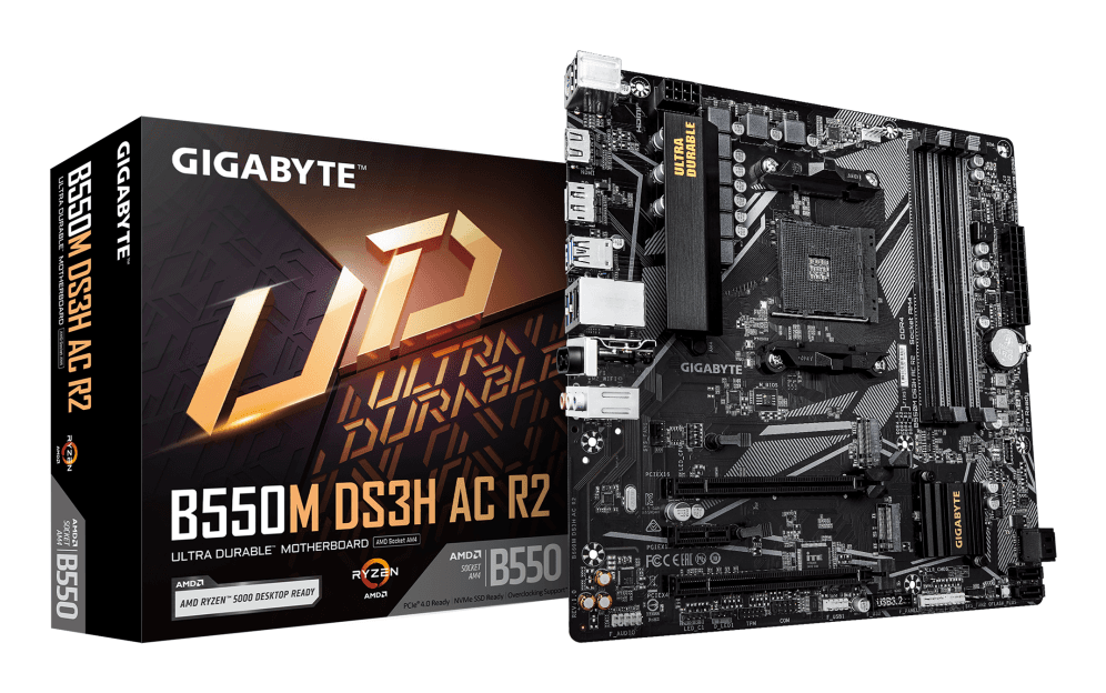 GIGABYTE B550M DS3H AC R2 Placa base - Procesadores AMD Ryzen 5000, VRM de 5+3 fases, hasta 4733 MHz DDR4 (O.C.), 1x M.2 PCIe 4.0 + 1x M.2 PCIe 3.0, Wi-Fi 5, LAN 1 GbE, USB 3.2 Gen 1