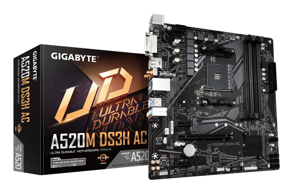GIGABYTE A520M DS3H AC Placa Base - Procesadores AMD Ryzen Serie 5000, VRM de 5+3 fases, hasta 4733 MHz DDR5 (OC), 1xPCIe 3.0 M.2, LAN GbE, WIFI 5, USB 3.2 Gen 1