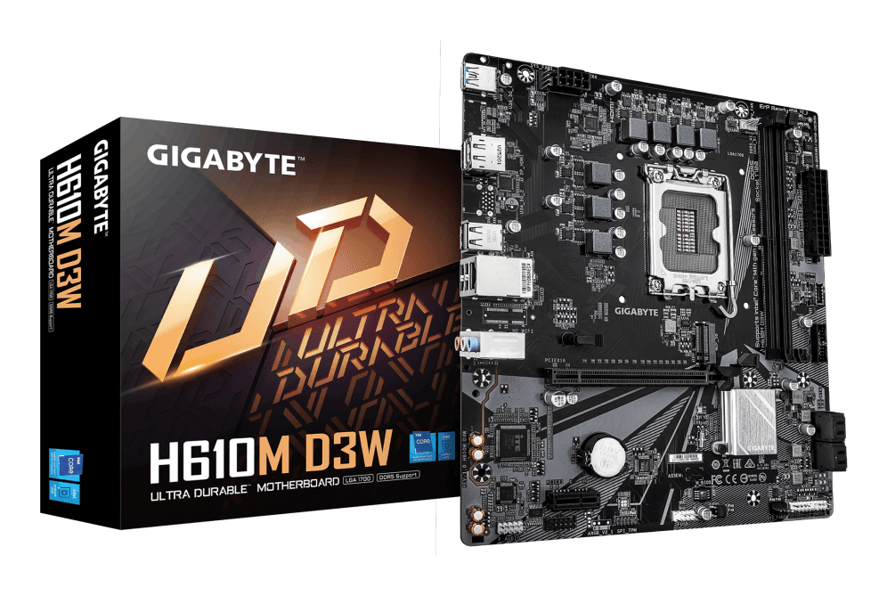 GIGABYTE H610M D3W Placa Base - Compatible con procesadores Intel Core de 14ª generación, VRM de 5+1+1 fases, hasta 5600MHz DDR5, 1xPCIe 3.0 M.2, LAN 1GbE, USB 3.2 Gen 1