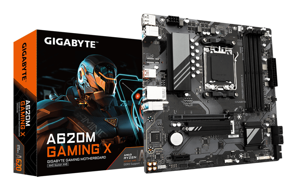 GIGABYTE A620M GAMING X Placa base - Soporta CPUs AMD Ryzen 8000, VRM digital de 8+2+1 fases, hasta 8000MHz DDR5 (OC), 1xPCIe 4.0 M.2, LAN GbE, USB 3.2 Gen 2