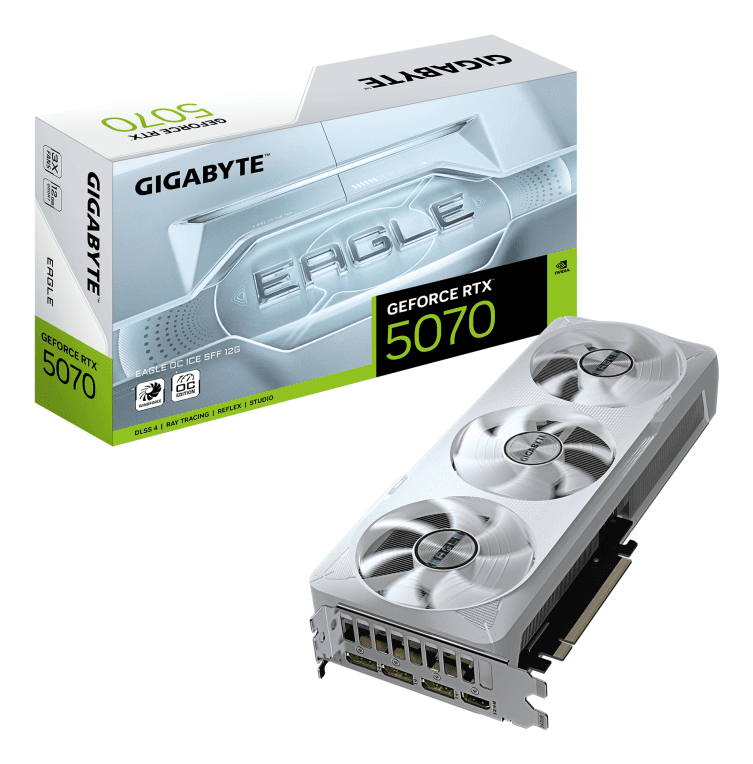 GIGABYTE GeForce RTX 5070 EAGLE OC ICE SFF 12G Tarjeta Gráfica - 12GB GDDR7, 192 bits, PCI-E 5.0, 2587 MHz Core Clock, 3 x DP 2.1a, 1 x HDMI 2.1b, NVIDIA DLSS 4, GV-N5070EAGLEOC ICE-12GD