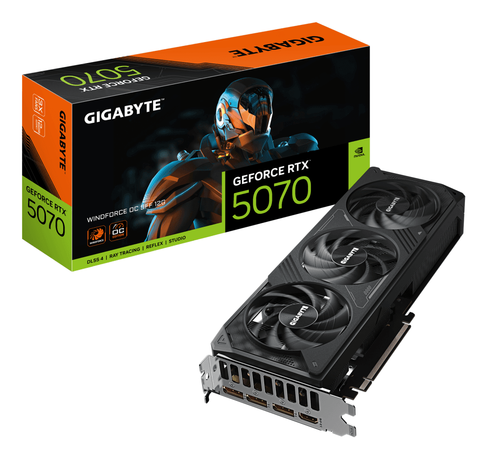 GIGABYTE GeForce RTX 5070 WINDFORCE OC SFF 12G Tarjeta Gráfica - 12GB GDDR7, 192 bits, PCI-E 5.0, 2542 MHz Core Clock, 3 x DP 2.1a, 1 x HDMI 2.1b, NVIDIA DLSS 4, GV-N5070WF3OC-12GD