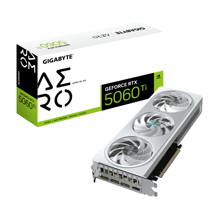 GIGABYTE GeForce RTX 5060 Ti AERO OC 8G Tarjeta Gráfica – 8 GB GDDR7, 128 bits, PCI-E 5.0, 2647 MHz Frecuencia del núcleo, 3 x DisplayPort, 1 x HDMI, GV-N506TAERO OC-8GD