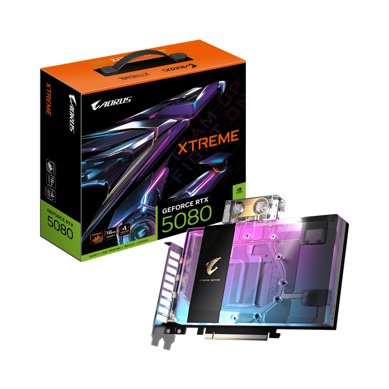 GIGABYTE AORUS GeForce RTX 5080 XTREME WATERFORCE WB 16G Tarjeta Gráfica - 16GB GDDR7, 256 bits, PCI-E 5.0, 2805MHz Core Clock, 3 x DP 2.1a, 1 x HDMI 2.1b, NVIDIA DLSS 4, GV-N5080AORUSX WB-16GD