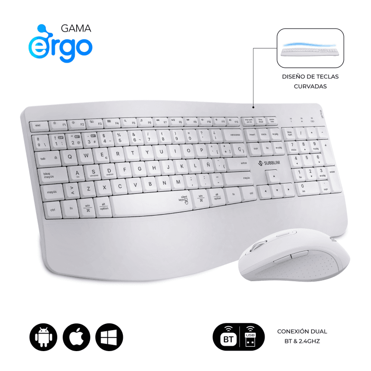 SUBBLIM SUBKBC-DCOPW1 teclado Ratón incluido Hogar / Oficina RF Wireless + Bluetooth QWERTY Español Blanco