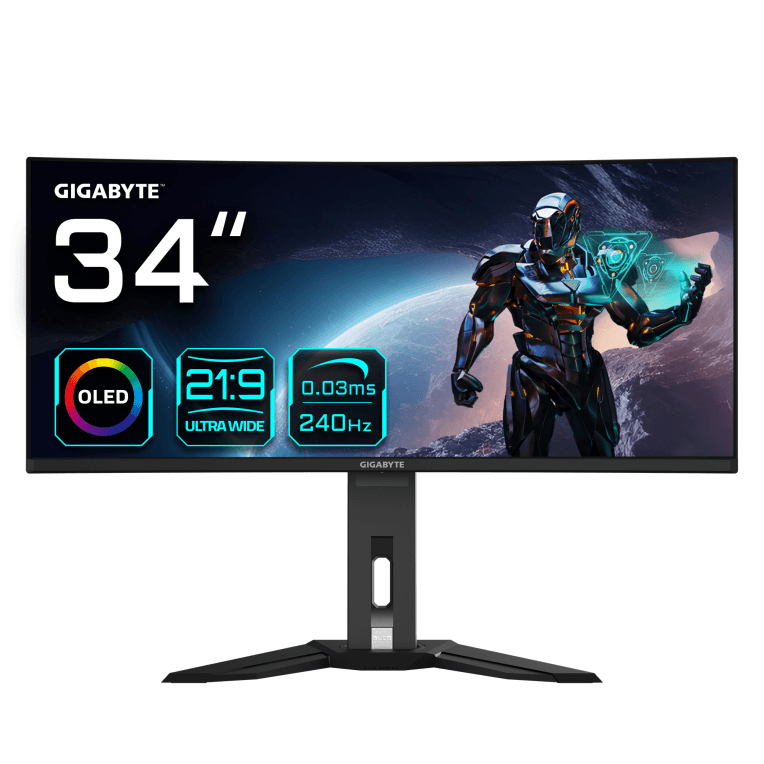 GIGABYTE Monitor de juegos curvo OLED WQHD MO34WQC2 de 34" - 3440 x 1440, 240Hz, 0.03ms, KVM, 250 cd/m², FreeSync Premium Pro, DisplayHDR True Black 400, HDMI 2.1, Displayport 1.4