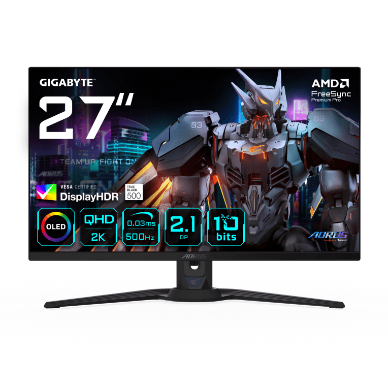 GIGABYTE AORUS FO27Q5P Monitor Gaming OLED QHD – 2560 x 1440, 500Hz, 0,03ms, KVM, 300 cd/m², FreeSync Premium Pro, DisplayHDR True Black 500, DisplayPort 2.1
