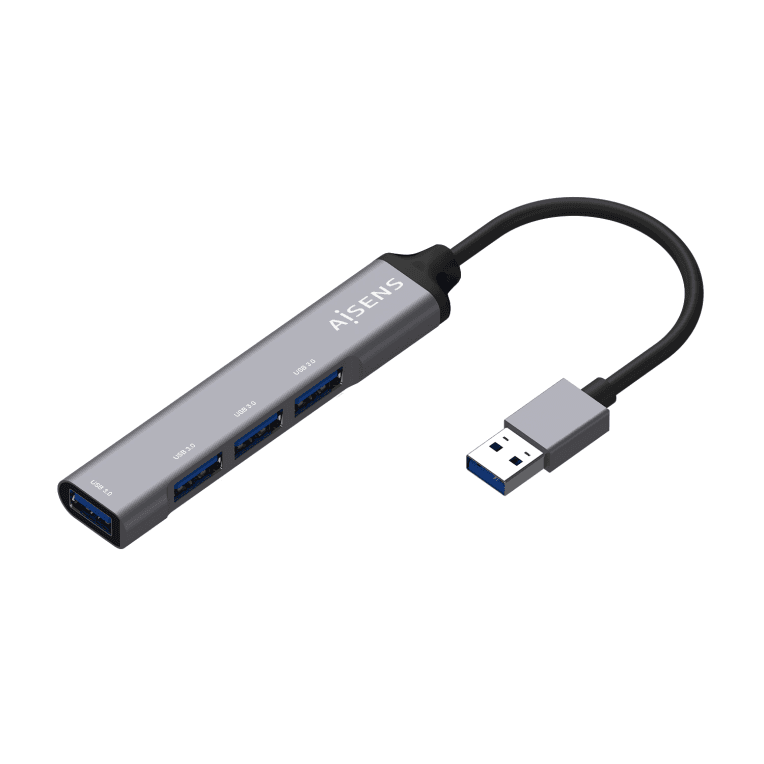 AISENS Hub USB 3.0 Aluminio, Tipo A/M - 4x Tipo A/H, Gris, 10cm