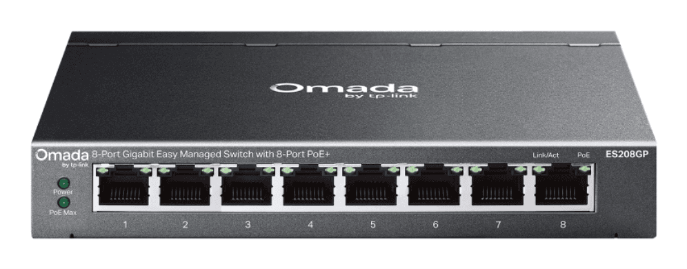 TP-Link Omada ES208GP switch Gestionado L2 Gigabit Ethernet (10/100/1000) Energía sobre Ethernet (PoE) DIN rail Negro