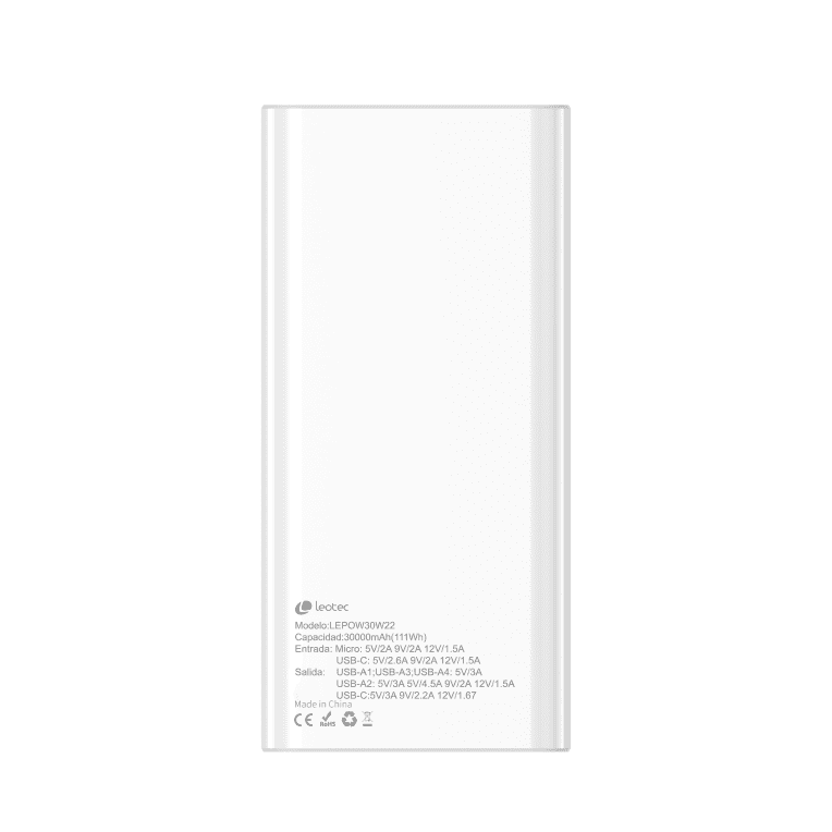 Leotec LEPOW30W22W batería externa Polímero de litio 30000 mAh Blanco