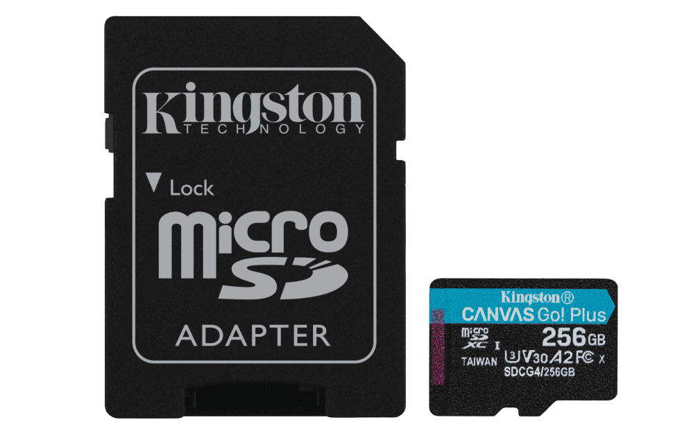 Kingston Technology Tarjeta microSDXC Canvas Go Plus Gen4 de 256 GB, 200 MB/s, A2 U3 V30 y adaptador