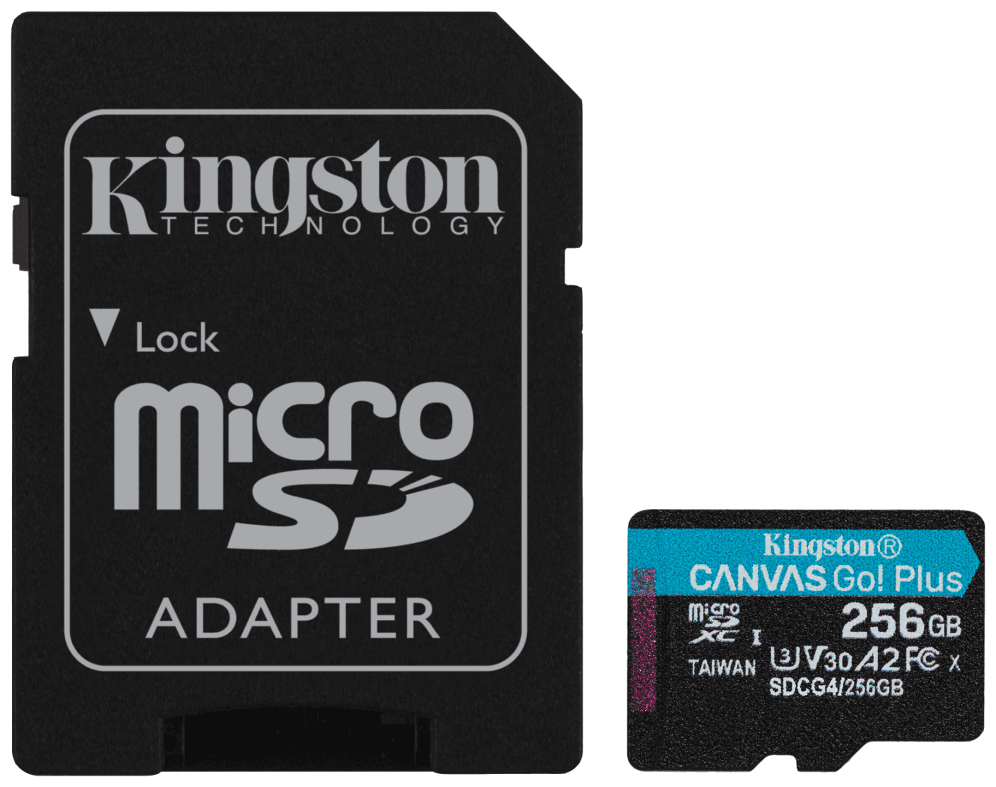 Kingston Technology Tarjeta microSDXC Canvas Go Plus Gen4 de 256 GB, 200 MB/s, A2 U3 V30 y adaptador