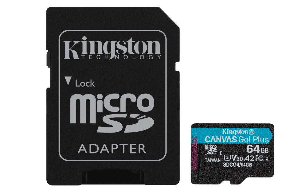 Kingston Technology Tarjeta microSDXC Canvas Go Plus Gen4 de 64 GB, 200 MB/s, A2 U3 V30 y adaptador